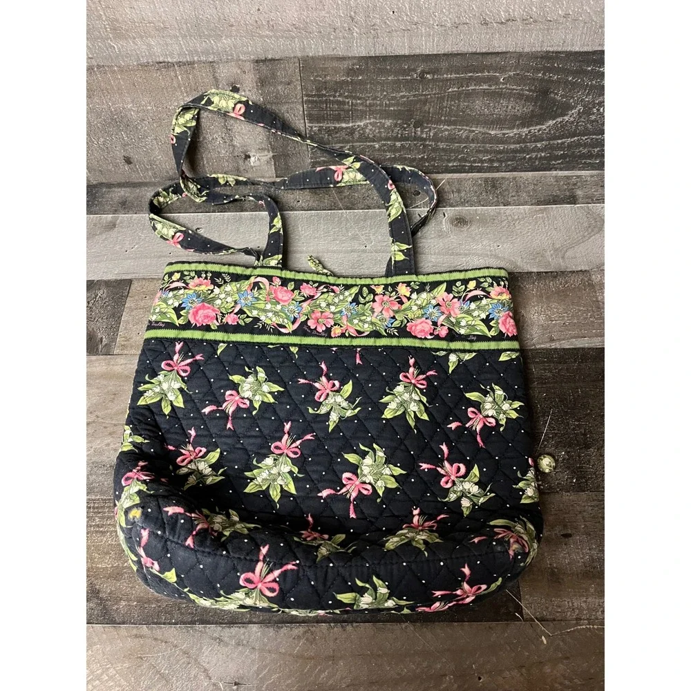 VTG Vera Bradley Quilted Tote Bag Floral Pink Bows Lily of the Valley Black - Picture 1 of 9